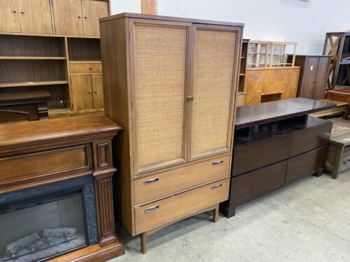 Vintage MCM Walnut Cane Armoire