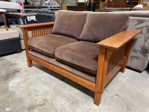 BASSETT Suede-y Brown Cushioned Wood Framed Mission Style Loveseat