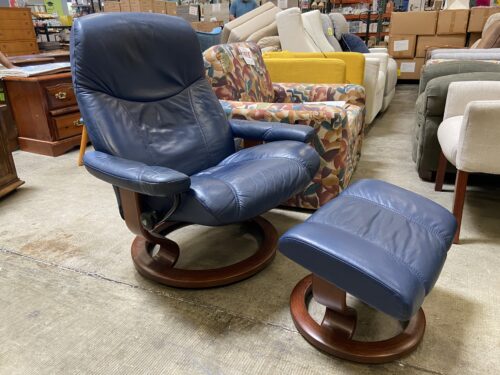 EKORNES Navy Blue Stressless Lounge Chair with Ottoman