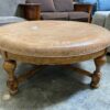 Large Round Leather Ottoman with Colonial Style Wooden Legs