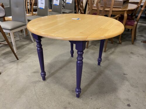 Natural Wood Drop Leaf Round Dining Table with Purple Base
