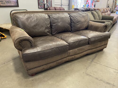 Chocolate Brown Mixed Material with Leather and Rivet Detail  3 Seat Sofa