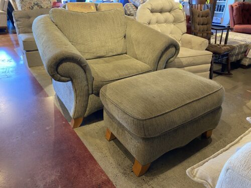Wide Arm Grey-Green Armchair & Ottoman