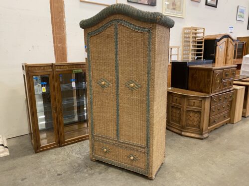 Vintage Tan and Teal Wicker Armoire (AS-IS)