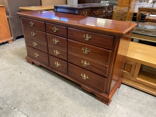 Polished Red Wood and Brass 9 Drawer Dresser