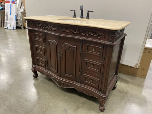STUFURHOME Dark Carved Wood Bathrrom Vanity with Cream Marble Top