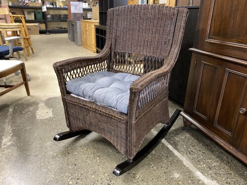 Dark Wicker Rocking Chair w/ Grey Cushion