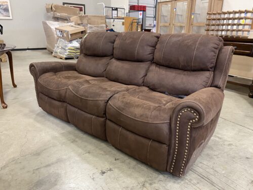 Studded Brown Leather Roll Arm Double Power Recliner Sofa