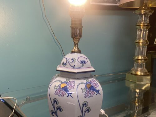 White Ceramic Lamp with Blue Flowers