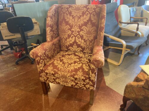 Red and Gold Damask Print Wingback Chair