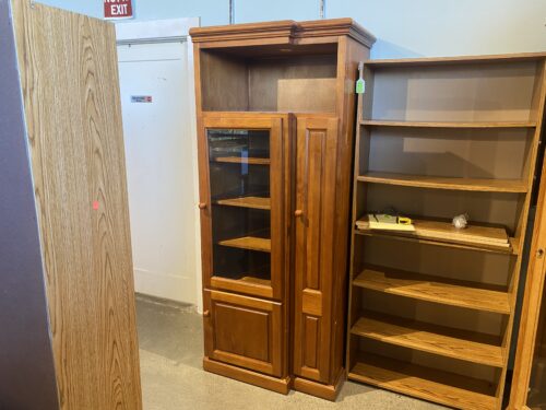 Tall Oak Storage Armoire with Shelves and Right Shoe Compartments