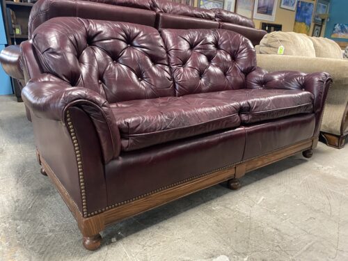 CLASSIC LEATHER Maroon Tufted Loveseat w/ Nailhead Trim
