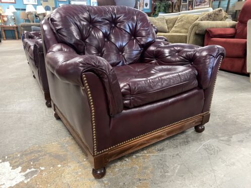 CLASSIC LEATHER Maroon Tufted Armchair w/ Nailhead Trim