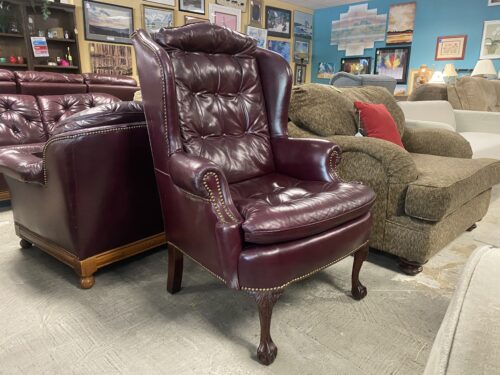 Maroon Leather Wingback Studded Armchair