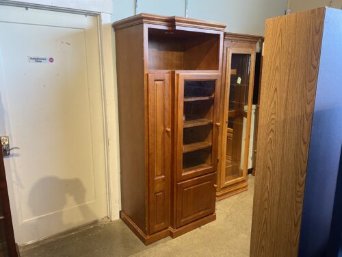 Tall Oak Storage Armoire with Shelves and Left Shoe Compartments