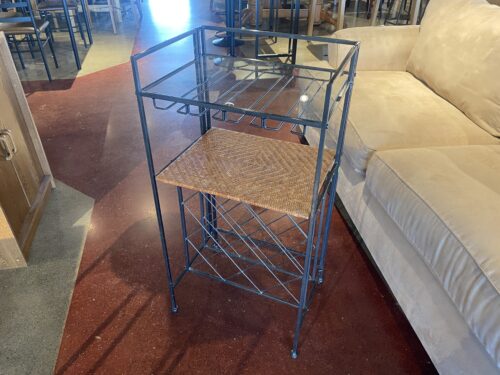 Black Iron Wine Rack with Wicker and Glass Shelves