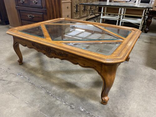 Vintage Floral Carved Coffee Table with Geometric Glass Top