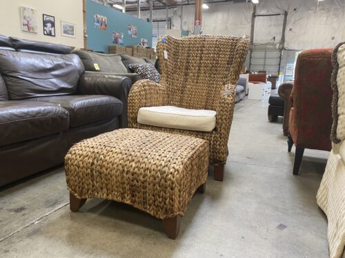 POTTERY BARN Seagrass Chunky Wicker Wingback Chair and Ottoman
