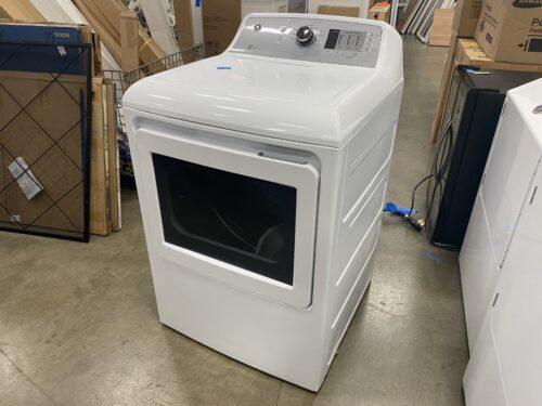 GE White Front-Load Dryer with Black Glass Door
