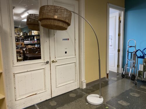 Large Modern Arch Floor Lamp w/ Marble Base & Rattan Shade