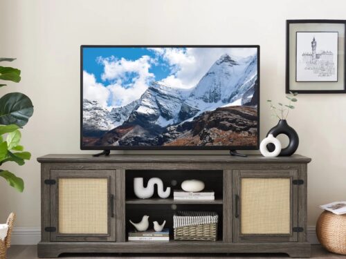 NEW! Rattan TV Stand with Cabinet and Adjustable Shelf