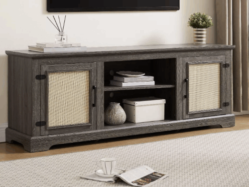 NEW! Sapphtopaz Rattan TV Stand w/ Cabinet & Adjustable Shelf
