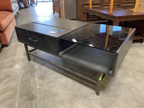 Modern Grey Coffee Table with Partial Glass Top and Riser
