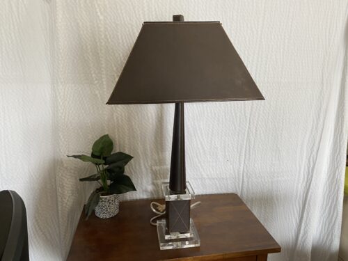 Brown Leather and Acryllic Table Lamp with Accent Stitching