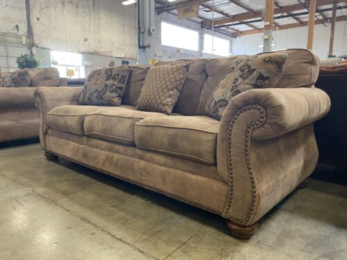 ASHLEY Brown Leather Studded Roll Arm Sofa