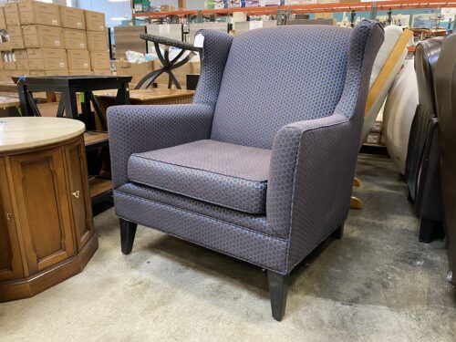 Brown and Blue Geometric Patterned Wing-Back Accent Chair