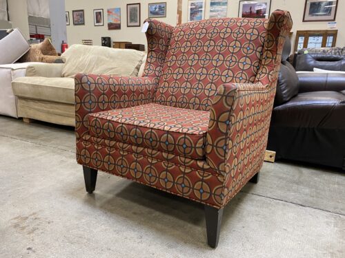 Red and Yellow Bullseye Patterned Wing-Back Accent Chair
