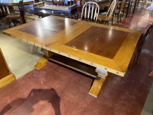 Trestle Base Dining Table with Nailhead Stud Details