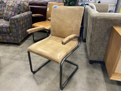 MOES COLLECTION Brown Leather Armchair with Wood Arm Rests and Metal Base