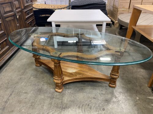 Vintage Curved Wood Coffee Table with Oval Glass Top
