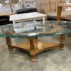 Vintage Curved Wood Coffee Table with Oval Glass Top