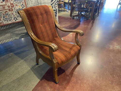 Red Plaid Accent Chair with Carved Wood Frame