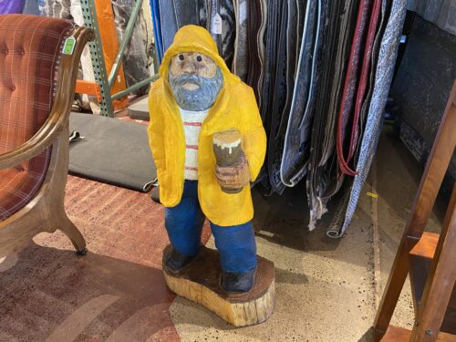 39" Tall Carved Wooden Fisherman in Yellow Raincoat