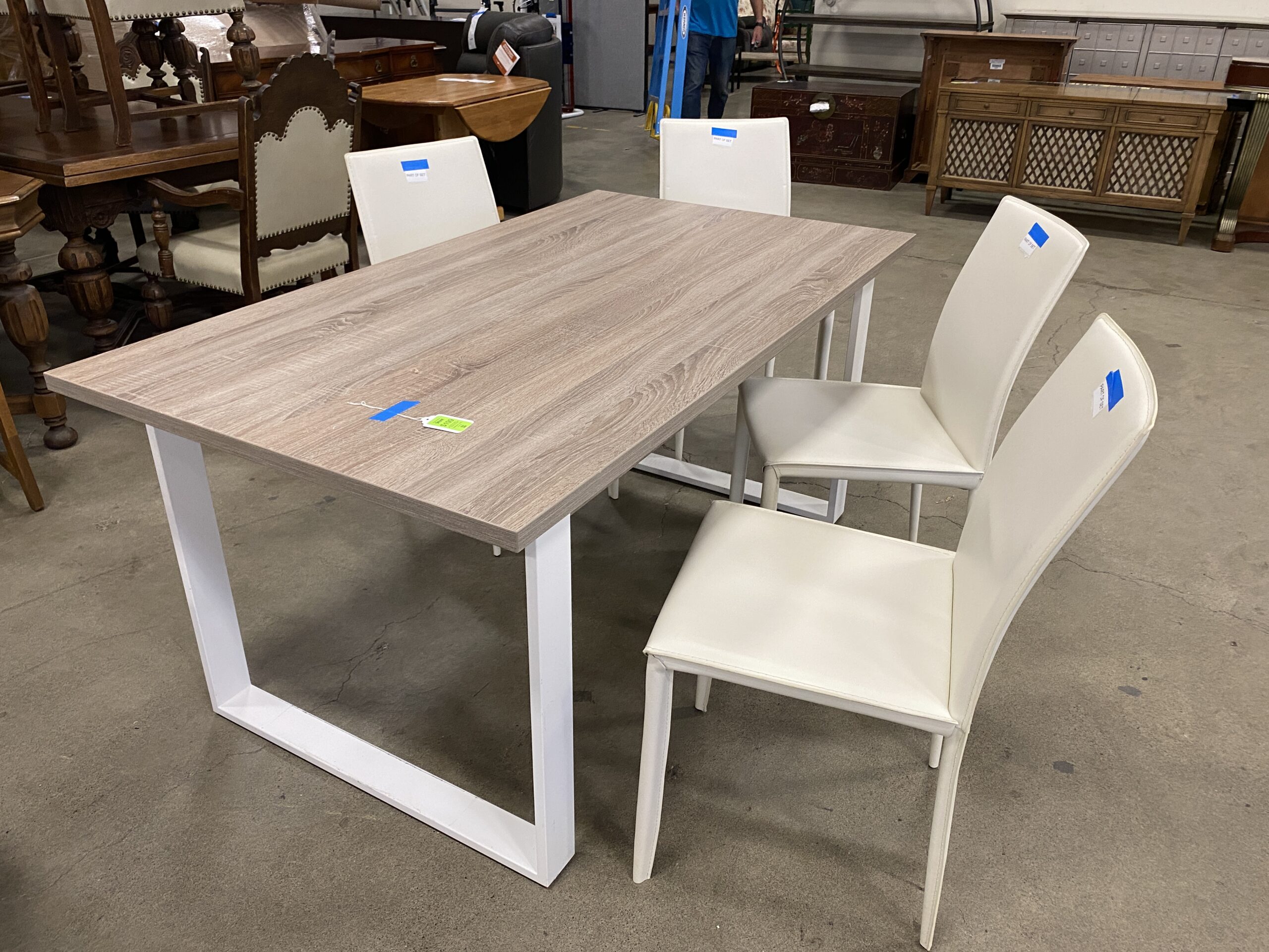 SCANDINAVIAN DESIGNS  Dining Table with 4 White Leather Wrapped Chairs