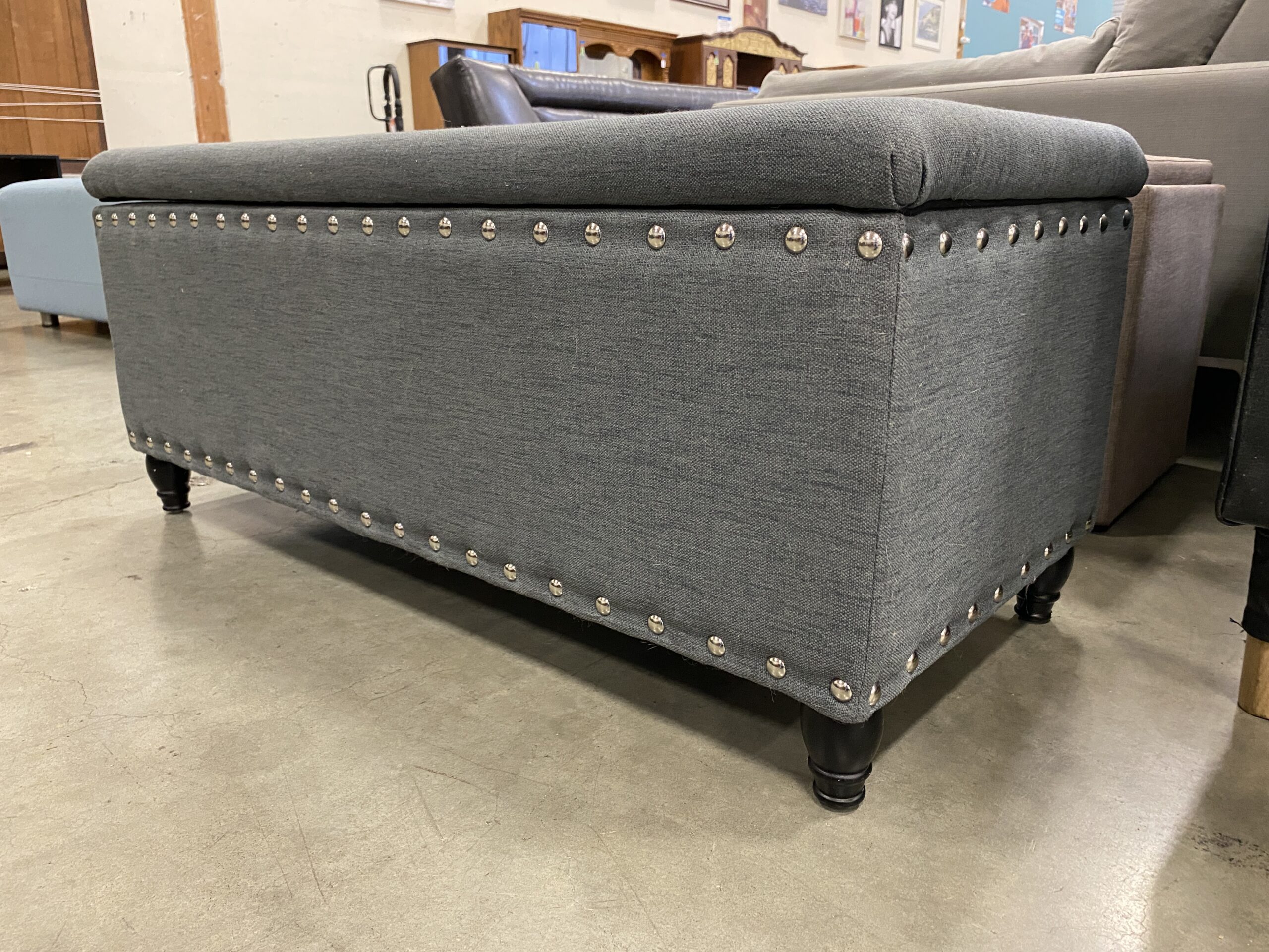 Grey Storage Ottoman w/ Nailhead Trim