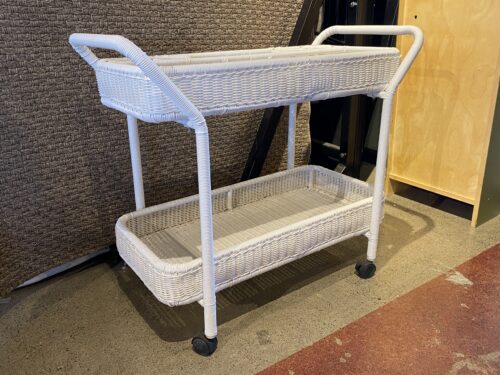 White Wicker-Look Rolling Bar Cart