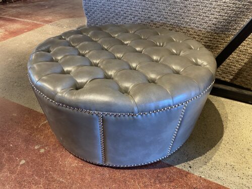 Classy Round Grey Button Tuft Ottoman w/ Stud Detail