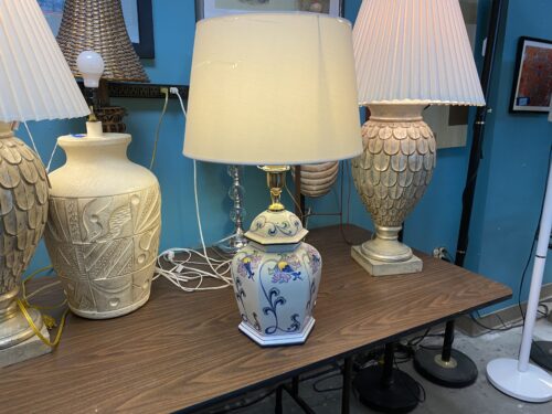 White Ceramic Lamp with Blue Flowers