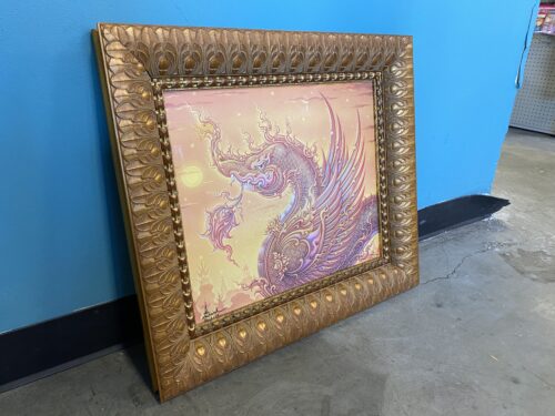 Intricate Gold Painted Framed Long Nosed Chinese Dragon Art