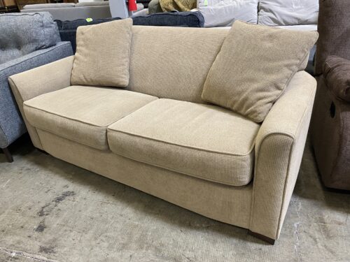 Beige Woven Loveseat with Piped Cushions