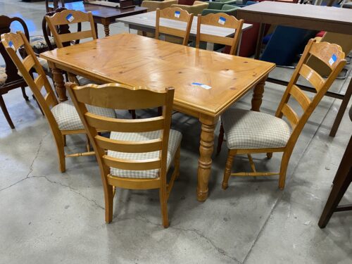 Natural Pine Wood Dining Set with 6 Chairs and Leaf Extension