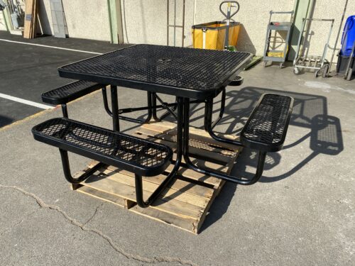 Square Steel Commercial Metal Outdoor Picnic Table with Umbrella Hole - Black