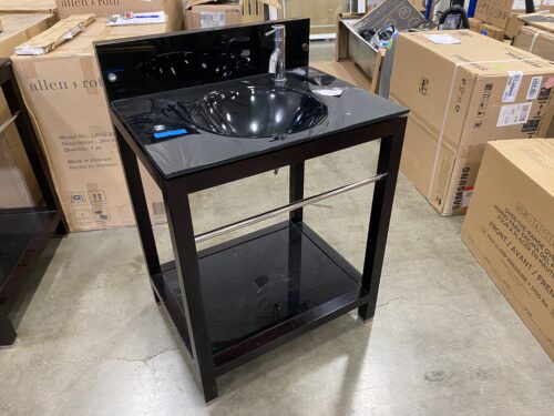 Black Freestanding Vanity with Vessel Style Sink and Glass Top