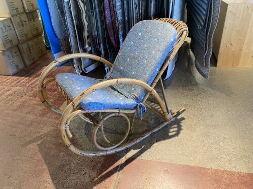 Franco Albini Style Bent Bamboo Rocking Chair with Blue Floral Cushion