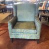 Blue and Green Square Pattern Upholstered Wingback Armchair
