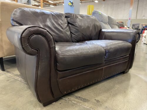 Dark Brown Rolled Arm Loveseat w/ Nailhead Trim